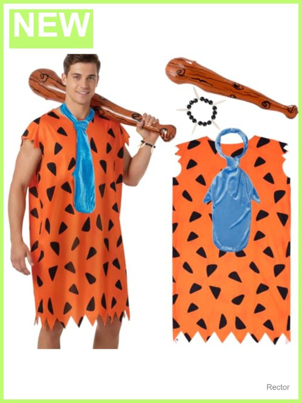 Adult Caveman Costume Unisex Tunic with Bat Club Teeth Bracelet